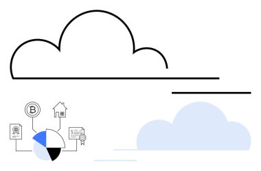 Soyut bulut taslağı ve diyagramı, pasta grafiği, kripto para birimi, mülk, belge simgeleri. Veri depolama, analitik, engelleme zinciri, finans, güvenlik yönetimi ve minimal düz metafor için ideal