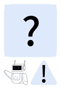 AI, karar verme, problem çözme, yenilik, dijital ahlak, otomasyon, bilgi ve bilgi alanlarında büyük soru işareti, robot el sallama ve ünlem belirsizlik ve uyarıyı vurguluyor.