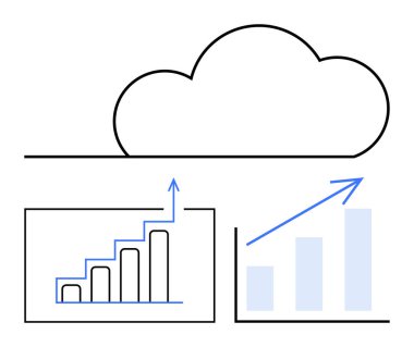 Yukarıdaki iki analitik grafiğin üzerindeki büyük bulut anahatları, veri büyümesini ve performansını temsil ediyor. Teknoloji, bulut hesaplama, veri analizi, iş büyümesi, finansal tahminler için ideal