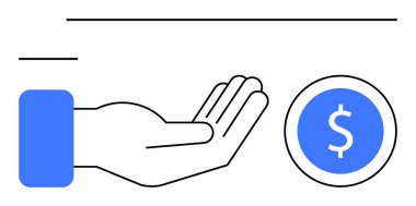 Bir dolar işareti olan mavi bir madeni paraya uzanan elini aç. Finans, finansman, bağış, ekonomi, hayır kurumu, ticaret ve yardım temaları için ideal. Düz basit metafor