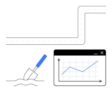 Bir yol kenarında toprak kazan mala ve yükselen bir eğilimi gösteren grafik penceresi. Proje planlama, ilerleme izleme, inşaat, geliştirme, altyapı, büyüme stratejisi için ideal, düz basit