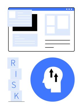Metin elemanları içeren web sayfası düzeni, RISK 'i heceleyen blok yığını, yukarı bakan oklar olan profil. Analiz, strateji, risk yönetimi, karar verme, büyüme zihniyeti, soyut planlama için ideal