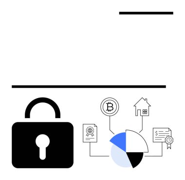 Kilit, turta şeması, bitcoin ikonu, sertifika, ev ve güvenli finansal işlemler için para ile birlikte güvenliği temsil ediyor. Engelleme zinciri, finans, teknoloji, yatırım güvenlik riski için ideal
