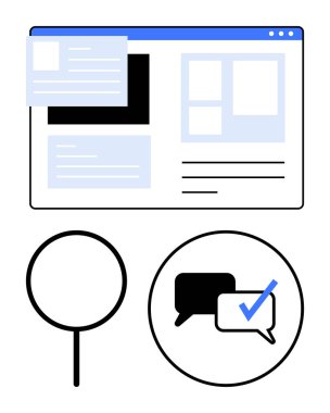Büyüteç, web sayfası arayüzü, kalite kontrol işaretli sohbet baloncukları, mesaj onayı. İletişim, içerik incelemesi, çevrimiçi araştırma, web tasarımı, veri doğrulama için ideal