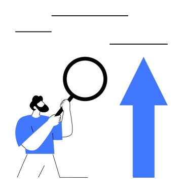 Gelişmeyi, gelişmeyi ya da fırsatı temsil eden kalın bir okun yakınındaki büyüteçle ayrıntıları analiz eden kişi. Başarı, analiz, araştırma, ilerleme, vizyon, strateji yeniliği için ideal