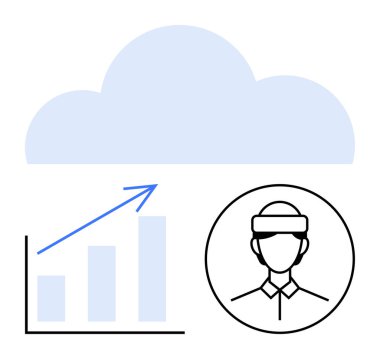 Yükselen bir çubuk grafiğinin üzerinde mavi bulut, bir ok ve bir daire, VR teçhizatlı birini gösteriyor. Teknoloji, veri analizi, sanal gerçeklik, yenilik, ilerleme, bulut depolama, gelecekteki kavramlar için ideal