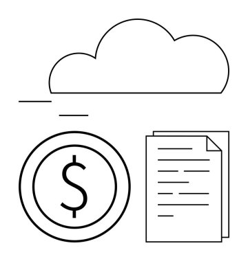 Finansal döküman ve para üstü bulut dijital finans ve veri depolamayı vurguluyor. Fintech, bütçe hesaplama, bulut hesaplama, dosya depolama, finans uygulamaları, dijital ekonomi, düz basit