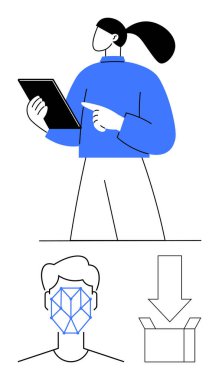 Tablet kullanan, yüz tanıma teknolojisi taraması yapan ve açık kutunun üzerine simge indiren kadın. Teknoloji, dijital güvenlik, veri depolama, yüz tanıma, uygulama yönetimi, kullanıcı bindirme için ideal