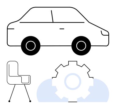 Araba tasarımı, vites sembolü ve modern sandalye minimum tasarım ile birleştirilmiş. Taşınabilirlik, ulaşım, mekanik, yenilik, ofis tasarımı kullanıcı odaklı tasarım için idealdir. Düz basit metafor