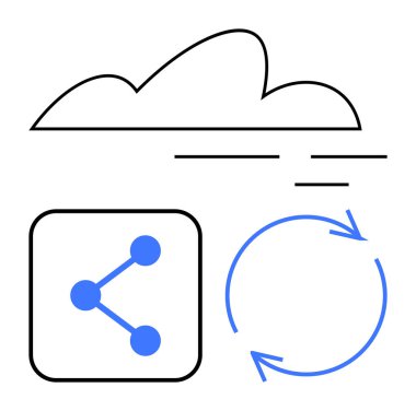 Veri paylaşım simgesi ve senkronizasyonu sembolize eden dairesel oklarla bulut ana hatları. Veri paylaşımı, bulut hesaplama, depolama, teknoloji, bağlantı, güncelleme, iş akışı için ideal. Düz basit