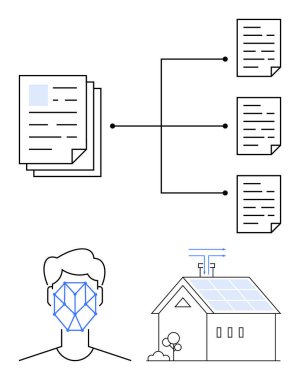 Belgeler kategorize dosyalara, yüz tanıma arayüzüne, güneş paneli evine akıyor. Veri yönetimi, yapay zeka entegrasyonu, sürdürülebilirlik, yenilenebilir enerji, teknoloji, otomasyon düzlüğü için ideal