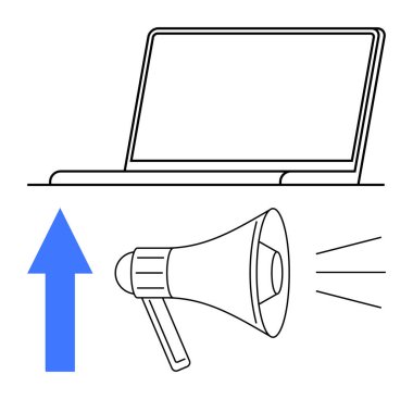 Açık dizüstü bilgisayar, yüksek sesli megafon, yukarı doğru mavi ok iletişimi, pazarlamayı, büyümeyi simgeliyor. İş stratejisi, reklamcılık, sosyal medya, yenilikçi liderlik geliştirme bağlantıları için ideal