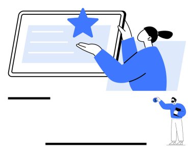 Tablet ekranın üzerinde mavi bir yıldız tutan kadın tanındığını gösteriyor. Başarı, başarı, eğitim, derecelendirme, liderlik, sunum ve yenilik için ideal. Düz basit metafor