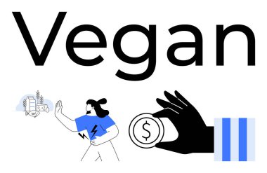 Çevre dostu şehir manzarasıyla birlikte geniş ve kalın bir Vegan metni, sağlık için çalışan bir kadın ve tasarruf etmek için para tutan bir el. Sürdürülebilirlik, sağlık, kentsel yaşam, etik