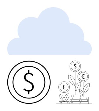 Dolar işaretinin üzerindeki mavi bulut ve istiflenmiş para birimi sembolleriyle büyüyen para santralleri. Finans, yatırım, tasarruf, ekonomi, bulut hesaplama, fintech ve dijital bankacılık için ideal. Düz basit