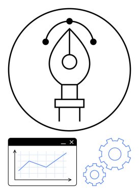 Kalem aracı bağlantı kollarıyla çevrili, analitik penceresi grafikle ve iki vitesle çevrili. Tasarım, planlama, veri analizi, yaratıcılık, takım çalışması iş akışı için idealdir. Düz basit metafor