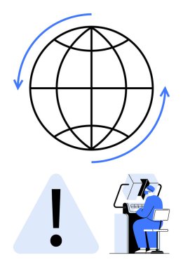 Bağlantıyı temsil eden oklar, uyarı işareti ve masaüstünde çalışan bireylerin olduğu dünya sembolü. Siber güvenlik, risk, internet, bağlantı, uzak çalışma, küresel
