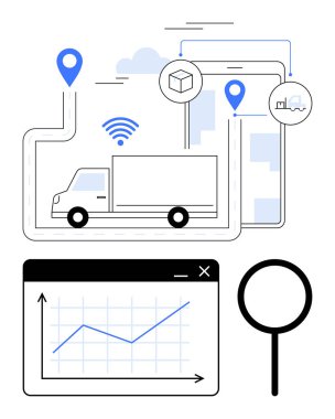 GPS izleme, sevkiyat simgeleri ve depo taşıyan bir kargo kamyonu yolda. Analitik gösterge paneli performansı trend grafiğiyle gösteriyor. Büyüteç veri odaklamasını vurgular. Lojistik ve izleme için ideal