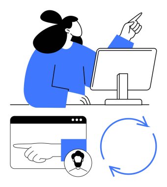 Bir ekranı işaret eden kadın, kullanıcı avatarı ve dairesel oklarla tarayıcı arayüzü. Kullanıcı arayüzü, hesap yönetimi, çevrimiçi profil kurulumu, dijital iş akışı, sistem güncellemesi, teknoloji için ideal