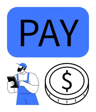 Tablet tutan işçiler maaşları, ödemeleri ve mali işlemleri temsil eden ödeme metni ve madeni para sembolü altında çalışıyorlar. Maaş, fintech, e-ticaret, iş gücü, dijital ödeme, maaş sistemleri için ideal