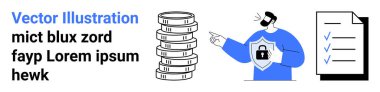 Kilitli bir kalkan takan bir adam, bozuk para yığınını ve kontrol listesini işaret ediyor. Finans, siber güvenlik, veri güvenliği, çevrimiçi güvenlik, risk yönetimi, uyum, basit iniş sayfası için ideal