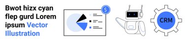 Pasta grafiği ve CRM teçhizatı yanında robot teknolojiyi, analitiği ve otomasyonu sembolize ediyor. İş yönetimi, teknoloji, pazarlama, veri analizi, verimlilik iş akışı için ideal basit iniş sayfası