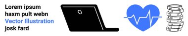 Açık ekran dizüstü bilgisayarı, kalp atışlarının sembolü ve bozuk para desteleri. Teknoloji, sağlık izleme, finans, veri yönetimi, dijital hizmetler için ideal, çevrimiçi büyüme basit iniş sayfası