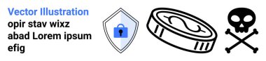 Korunmak için kilitli kalkanlar, madeni parayı temsil eden madeni paralar ve risk ya da tehlikeyi simgeleyen kafatası kemikleri. Siber güvenlik, mali ihtiyat, tehditler, uyarılar, zenginlik koruması, dijital