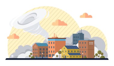 Turuncu bulutlarla dolu bir gökyüzünün altında bulutlar ve ağaçlarla çevrili çeşitli binaları olan bir şehre dönen bir kasırga yaklaşıyor. Hava durumu uyarıları, iklim değişikliği, felakete hazırlık, kentsel