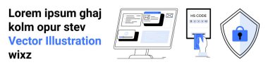 Bilgisayar ekranı verileri gösteriyor, kimlik doğrulama işlemi, asma kilitli güvenlik kalkanı. Siber güvenlik, gizlilik, güvenlik, teknoloji, kimlik doğrulama, şifreleme düz iniş sayfası için ideal