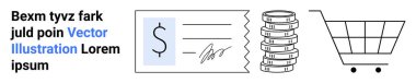 Dolar sembollü banka çeki, para yığını ve ödeme yöntemlerini, mali işlemleri ve alışveriş faaliyetlerini temsil eden alışveriş arabası. E-ticaret, finans, bütçe ve perakende için ideal