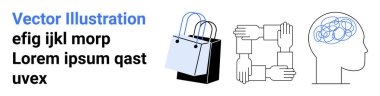 Alışveriş torbası perakendeciyi sembolize ediyor, takım çalışması için birbirine kenetlenmiş eller ve fikirleri temsil eden bir beyin. Perakende satış, işbirliği, yaratıcılık, psikoloji, ticaret, sosyal bağlantı düz iniş için ideal