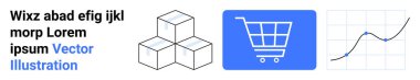 Alışveriş arabası simgesi, küp yığını ve e-ticaret, veri analizi, büyüme, lojistik, ürün yönetimi, pazarlama stratejileri, basit iniş sayfası grafiği
