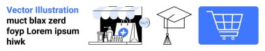 Tıbbi çanta, mezuniyet şapkası, e-ticareti, eğitimi ve sağlık hizmetlerini simgeleyen bir market önü. Perakende, öğrenim, dijital hizmetler ve modern kurumlar için ideal yenilik tüketicisi