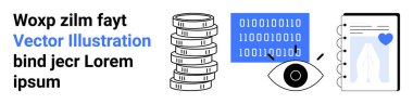 Finans için istiflenmiş madeni paralar, veri için ikili kod, izleme için bir göz ve kalbi gösteren bir belge. Finans, veri analizi, dijital araçlar, izleme ve teknoloji için ideal