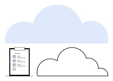İşaretli görevleri olan kontrol listesinin üstündeki büyük mavi bulut. Stratejik planlama, organizasyon, üretkenlik, veri senkronizasyonu, bulut teknolojisi, görev öncelikleri, düz basit
