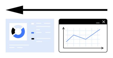 Turta tablosu, torpido gözünde veri noktaları hareketi sembolize eden ok ve yükselen bir grafik. Analiz, veri görselleştirme, istatistik, iş büyümesi, teknoloji verimliliği için ideal basit