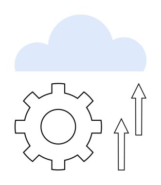 Yukarı doğru giden iki okla mavi bulutun altında veri yüklemeyi, yeniliği ve ilerlemeyi sembolize ediyor. Teknoloji, bulut depolama, yazılım geliştirme, veri yönetimi, süreç optimizasyonu için ideal
