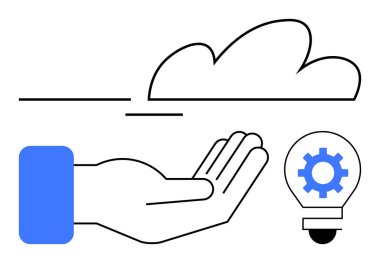 Açık el, içinde ekipman olan bir ampul sunuyor, bulut altındaki yeniliği ve teknolojiyi sembolize ediyor. Yaratıcılık, bulut hesaplama, yenilik, teknoloji, öğrenme, problem çözme, düz