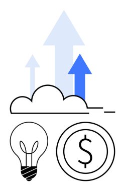 Büyüme ve yenilik için buluta dayalı oklar, yaratıcılık ve çözümler için bir ampul ve zenginlik için bir sikke. İş, finans, girişim, teknoloji, başarı, yaratıcılık süreci için ideal