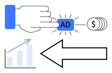Parlak efektli el tıklama düğmesi, dolar bozukluklarına, yukarı doğru eğilimli çubuk grafiğine ve oklara yol açar. Pazarlama, gelir, tıklama başına ödeme, kazanç ve performans hedef kitlesi için ideal