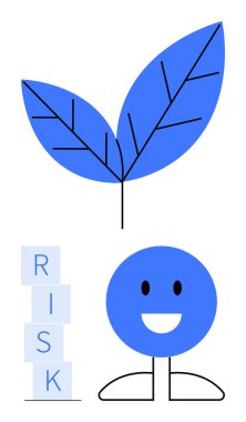 Gülen daire karakteri, yaprak ikonu büyümeyi simgeliyor, yığın halinde RISK yazılıyor. Sürdürülebilirlik, karar verme, denge, büyüme kavramları, risk yönetimi, iyimserlik ve sorumluluk için ideal