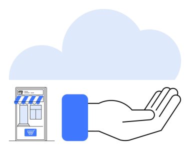 Küçük bir dükkan önü açık, bulutlar altında. Destek için ideal, küçük işletme, bulut hizmetleri, e-ticaret, dijital dönüşüm, yenilik, düz basit metafor