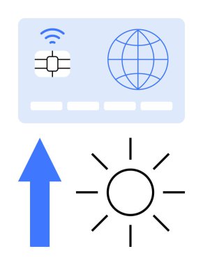 Çip ve küresel ikona sahip akıllı kart, yükselen mavi ok, ve teknolojiyi temsil eden güneş, küresel ulaşım, büyüme, yenilik, finansal hizmetler, sürdürülebilirlik ve enerji. Modern teknoloji için ideal.