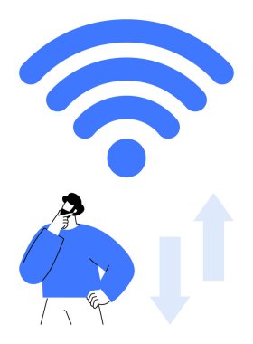 Yükleme ve indirme hızlarını temsil eden oklu büyük mavi kablosuz sembol altında düşünen kişi. Bağlantı, internet, teknoloji, iletişim, problem çözme, ağ, düz