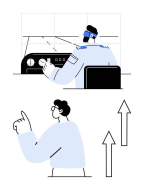 Üniformalı pilot kalkışa hazırlanıyor. Oklarla hareket eden adam büyümeyi, liderliği, hırsı, havacılığı, takım çalışmasını, yeniliği, başarıyı, düz metaforu sembolize ediyor.