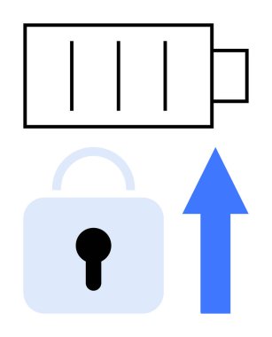 Şarjlı pil sembolü, güvenli kilit ve yukarı doğru yükselen mavi ok enerji, koruma ve ilerlemeyi simgeliyor. Güvenlik, güç yönetimi, teknoloji, büyüme yeniliği verimliliği için ideal