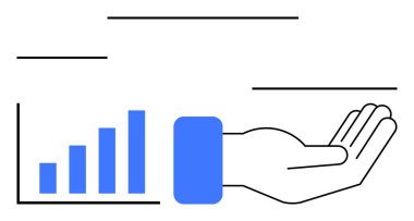 Yükselen bir bar tablosunun altında açık avuç, desteği, büyümeyi veya yatırımı temsil ediyor. Finans, iş stratejisi, ilerleme, takım çalışması, hayır işi, yenilik eğitimi için ideal. Basit bir metafor.