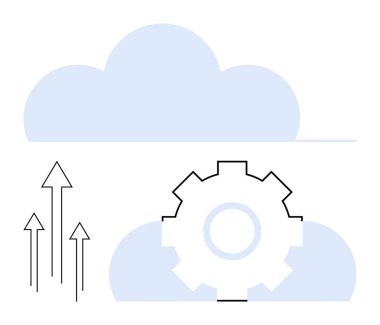 Yumuşak mavi bulutları kaplayan dişliler ve yukarı bakan oklar bulut teknolojisini, performansını, yeniliğini ve büyümesini temsil ediyor. Teknoloji, verimlilik, üretkenlik, bulut hizmetleri ve bilişim için ideal