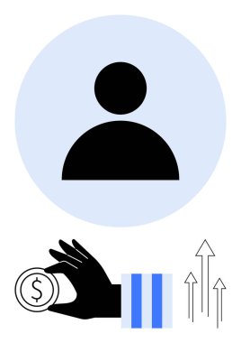 Mavi dairenin içinde asgari siyah profil simgesi, bir para sikkesini tutan, ve yukarı bakan oklar ilerlemeyi, finans, kullanıcı kimliği, büyüme, zenginlik ve hedef başarısını sembolize ediyor. İş için ideal